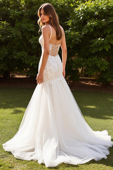 Ivory Mermaid V-Neck Lace Sweep Train Wedding Dress with Slit