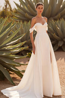 Load image into Gallery viewer, Ivory Off the Shoulder A Line Sweep Train Wedding Dress