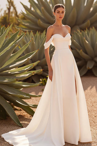Ivory Off the Shoulder A Line Sweep Train Wedding Dress