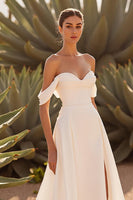 Load image into Gallery viewer, Ivory Off the Shoulder A Line Sweep Train Wedding Dress