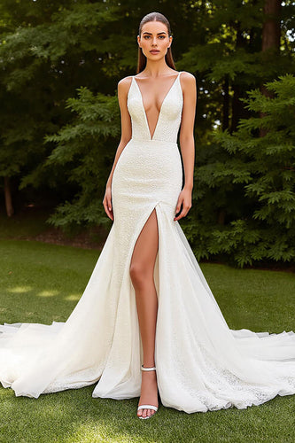 Ivory Mermaid Deep V-Neck Sweep Train Wedding Dress with Slit