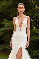 Load image into Gallery viewer, Ivory Mermaid Deep V-Neck Sweep Train Wedding Dress with Slit