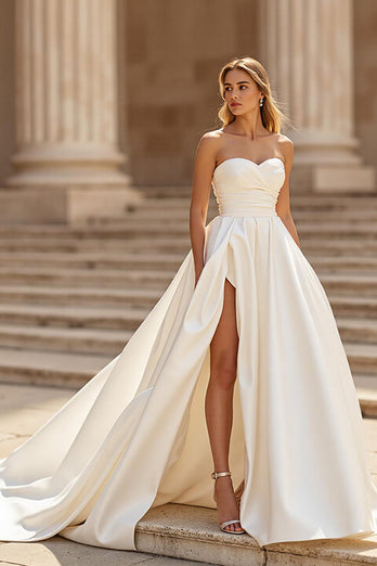 Ivory A Line Strapless Sweep Train Satin Wedding Dress with Slit