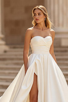 Ivory A Line Strapless Sweep Train Satin Wedding Dress with Slit
