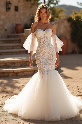 Ivory Lace Off the Shoulder Mermaid Sweep Train Wedding Dress