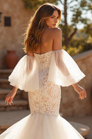 Load image into Gallery viewer, Ivory Lace Off the Shoulder Mermaid Sweep Train Wedding Dress