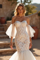 Load image into Gallery viewer, Ivory Lace Off the Shoulder Mermaid Sweep Train Wedding Dress