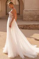 Load image into Gallery viewer, Ivory Sweetheart Tulle A Line Sweep Train Wedding Dress with Lace