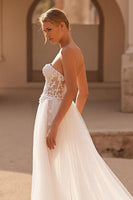 Load image into Gallery viewer, Ivory Sweetheart Tulle A Line Sweep Train Wedding Dress with Lace