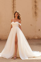 Load image into Gallery viewer, Ivory A Line Off the Shoulder Sweep Train Wedding Dress with Slit