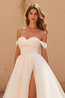 Load image into Gallery viewer, Ivory A Line Off the Shoulder Sweep Train Wedding Dress with Slit