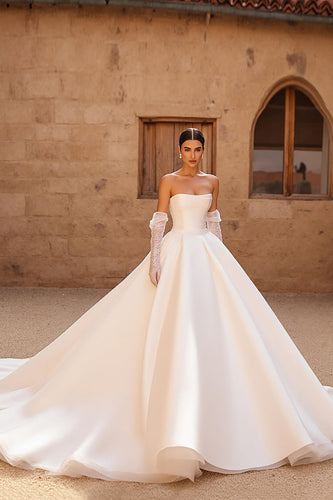 Ivory Strapless Ball Gown Satin Wedding Dress