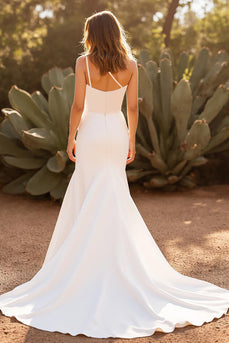 Ivory One Shoulder Satin Mermaid Sweep Train Wedding Dress with Slit