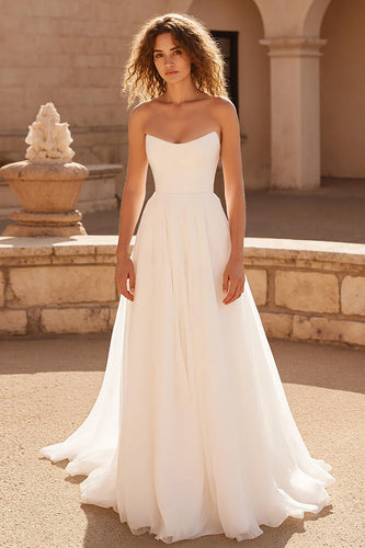 Ivory Strapless Chiffon A Line Sweep Train Wedding Dress
