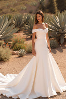 Load image into Gallery viewer, Ivory Satin Off the Shoulder Mermaid Sweep Train Wedding Dress