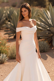 Ivory Satin Off the Shoulder Mermaid Sweep Train Wedding Dress
