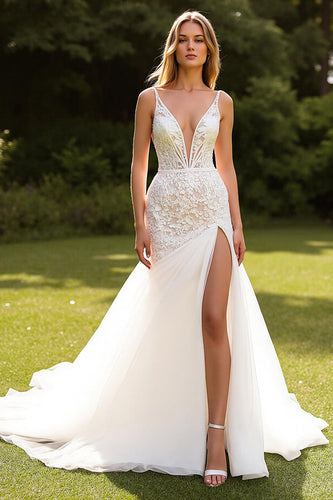 Ivory Lace Mermaid Deep V-Neck Sweep Train Wedding Dress with Slit