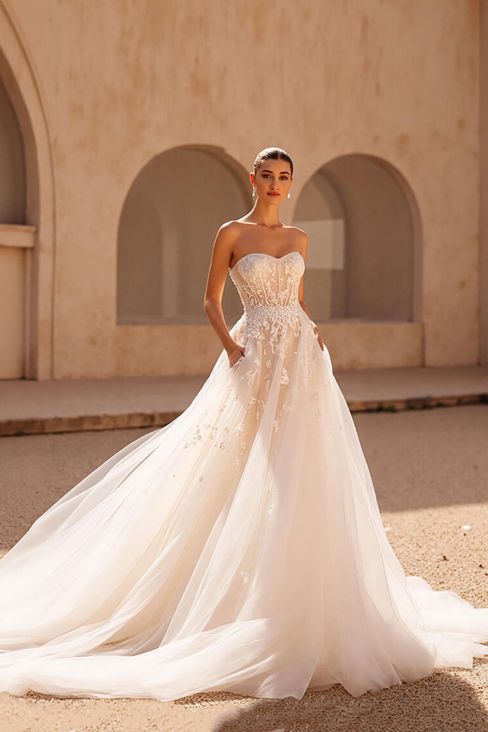 Ivory Strapless A Line Sweep Train Wedding Dress with Pockets