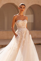 Load image into Gallery viewer, Ivory Strapless A Line Sweep Train Wedding Dress with Pockets