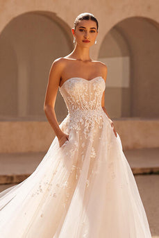 Ivory Strapless A Line Sweep Train Wedding Dress with Pockets