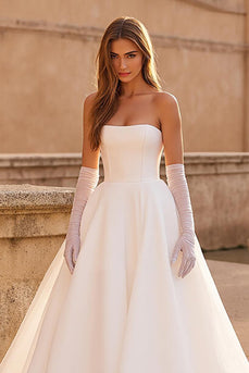 Simple Ivory Ball Gown Strapless Sweep Train Wedding Dress