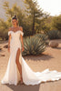 Load image into Gallery viewer, Simple Ivory Satin Off the Shoulder Sweep Train Wedding Dress with Slit