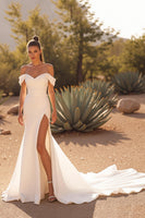 Load image into Gallery viewer, Simple Ivory Satin Off the Shoulder Sweep Train Wedding Dress with Slit