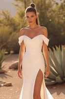Load image into Gallery viewer, Simple Ivory Satin Off the Shoulder Sweep Train Wedding Dress with Slit