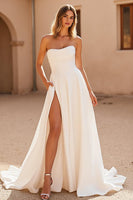 Load image into Gallery viewer, Ivory A Line Satin Strapless Sweep Train Wedding Dress