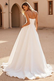 Ivory A Line Satin Strapless Sweep Train Wedding Dress