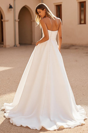 Ivory A Line Satin Strapless Sweep Train Wedding Dress