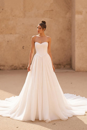 Simple Ivory Sweetheart A Line Sweep Train Wedding Dress