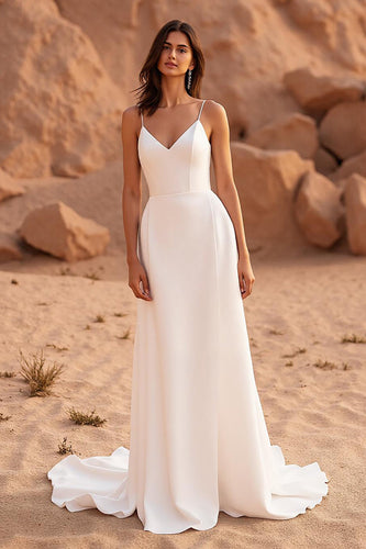 Simple Ivory Satin Spaghetti Straps Sweep Train Wedding Dress