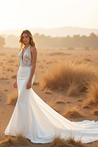 Simple Ivory V-Neck Sweep Train Wedding Dress with Lace