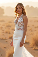 Load image into Gallery viewer, Simple Ivory V-Neck Sweep Train Wedding Dress with Lace