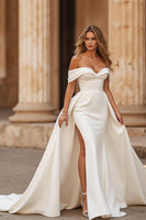 Load image into Gallery viewer, Simple Ivory Off the Shoulder Satin Sweep Train Wedding Dress with Slit
