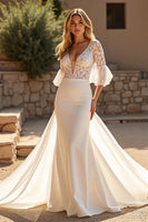 Load image into Gallery viewer, Ivory Half Sleeves Deep V-Neck Sweep Train Wedding Dress with Lace
