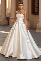 Load image into Gallery viewer, Ivory Ball Gown Satin Strapless Sweep Train Wedding Dress
