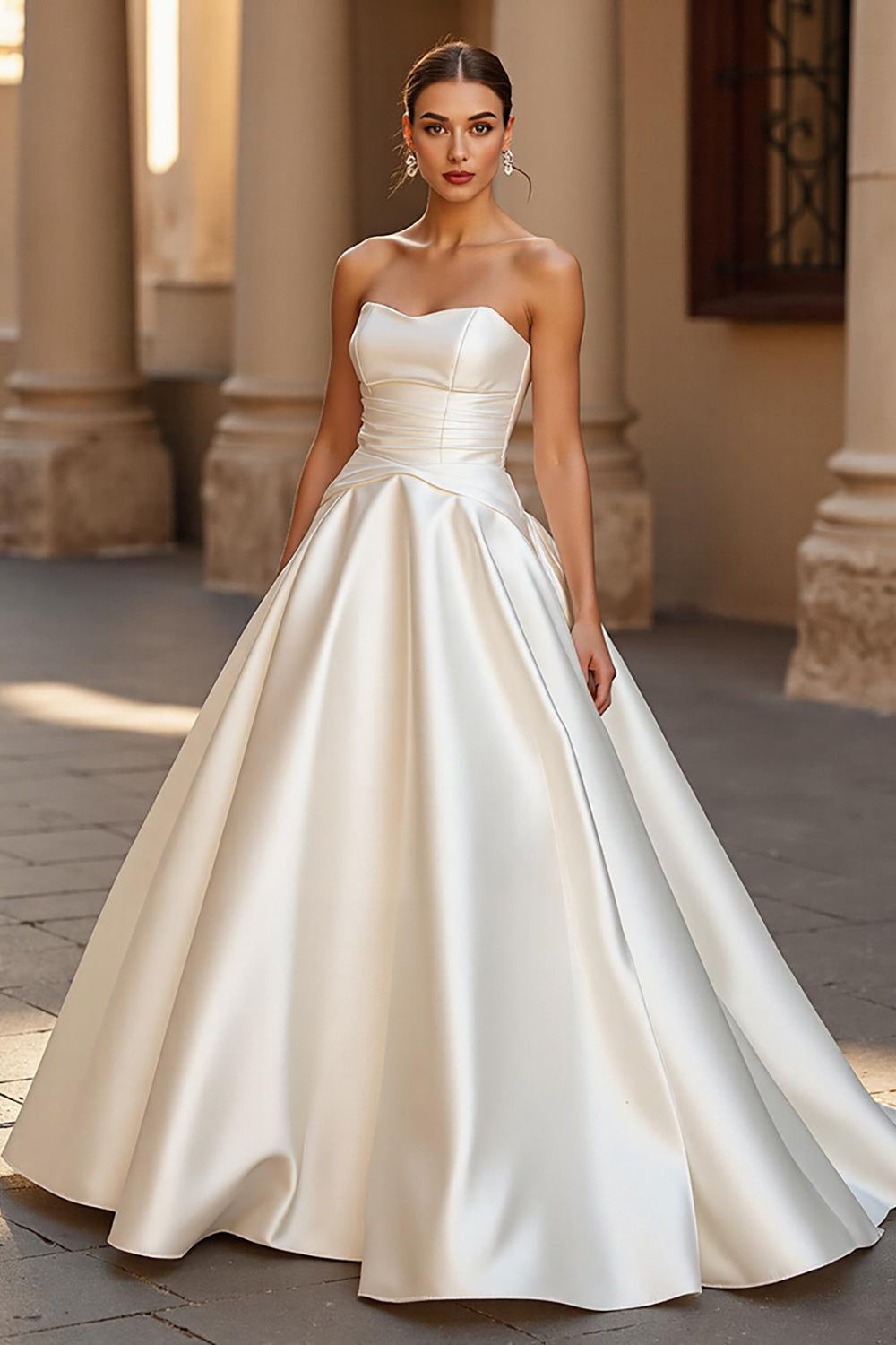 Ivory Ball Gown Satin Strapless Sweep Train Wedding Dress