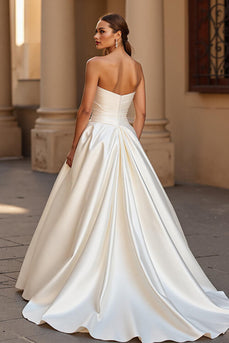Ivory Ball Gown Satin Strapless Sweep Train Wedding Dress