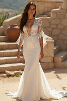 Load image into Gallery viewer, Ivory Mermaid Deep V-Neck Sweep Train Wedding Dress with Lace