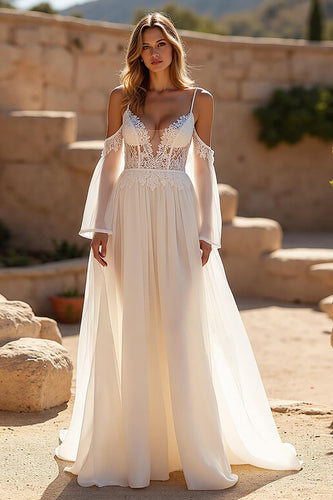 Ivory A Line Cold Shoulder Sweep Train Wedding Dress with Lace