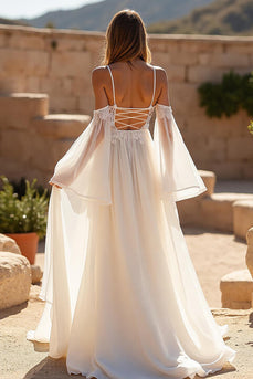 Ivory A Line Cold Shoulder Sweep Train Wedding Dress with Lace