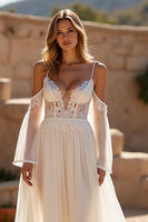 Load image into Gallery viewer, Ivory A Line Cold Shoulder Sweep Train Wedding Dress with Lace