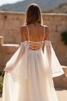 Load image into Gallery viewer, Ivory A Line Cold Shoulder Sweep Train Wedding Dress with Lace