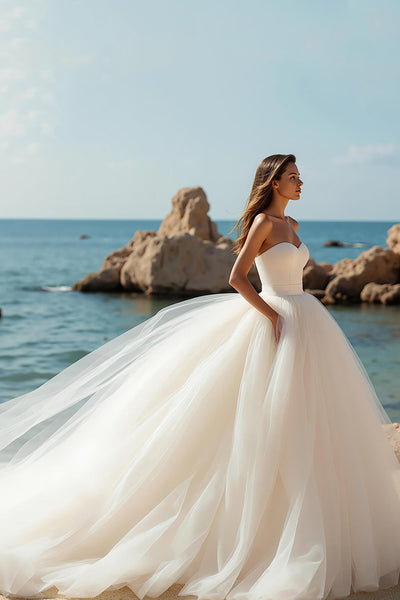 Ivory Ball Gown Tulle Sweetheart Sweep Train Wedding Dress