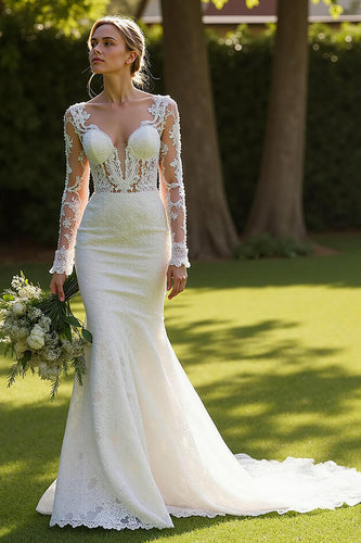 Ivory Lace V-Neck Mermaid Sweep Train Wedding Dress with Sleeves