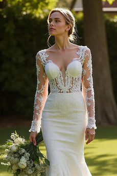 Ivory Lace V-Neck Mermaid Sweep Train Wedding Dress with Sleeves