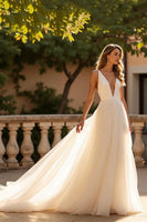 Load image into Gallery viewer, Ivory Deep V-Neck A Line Sweep Train Wedding Dress