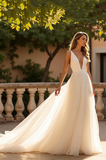 Ivory Deep V-Neck A Line Sweep Train Wedding Dress